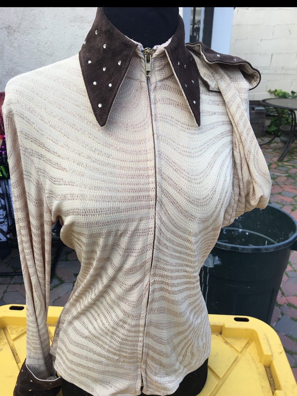 Beige Zip-Front Women’s Scoop-Neck Sweater with Brown Suede Collar & cuff